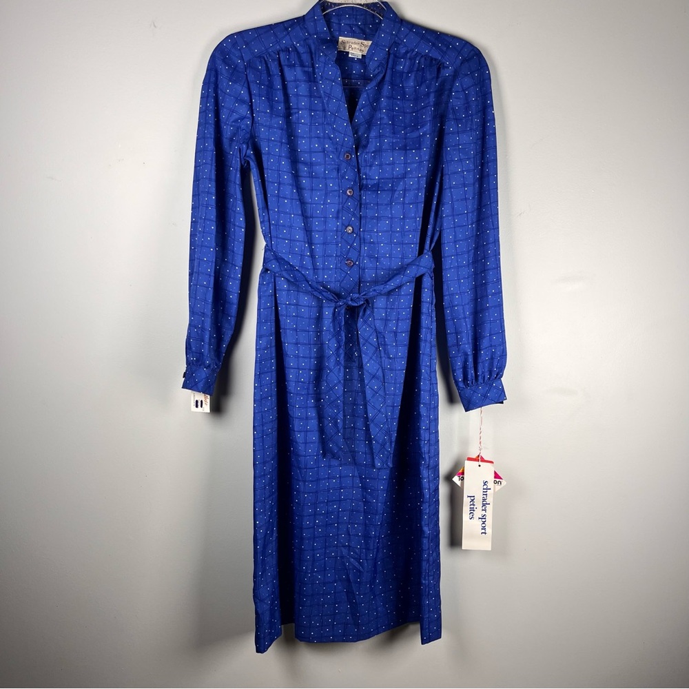 New VTG Schrader Sport Lightweight Belted Blue Polka Dot Button Midi Dress 6P